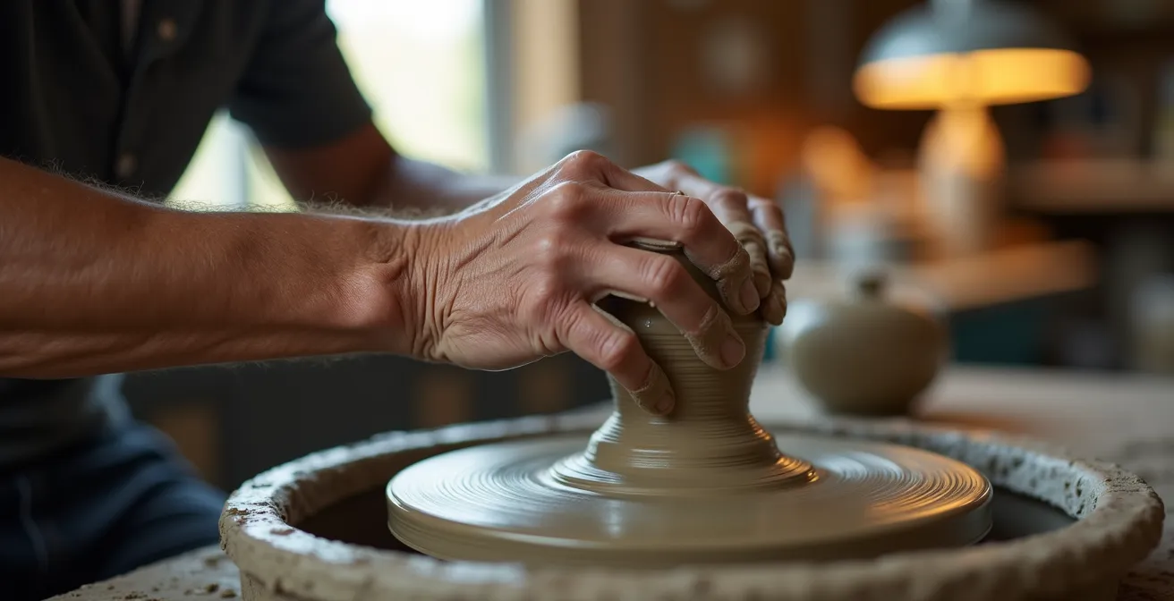 Mains de seniors travaillant l'argile lors d'un atelier de poterie créative