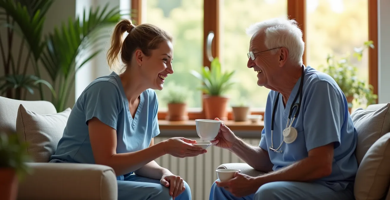 Moment d'échange bienveillant entre un membre du personnel et un résident senior dans un salon lumineux