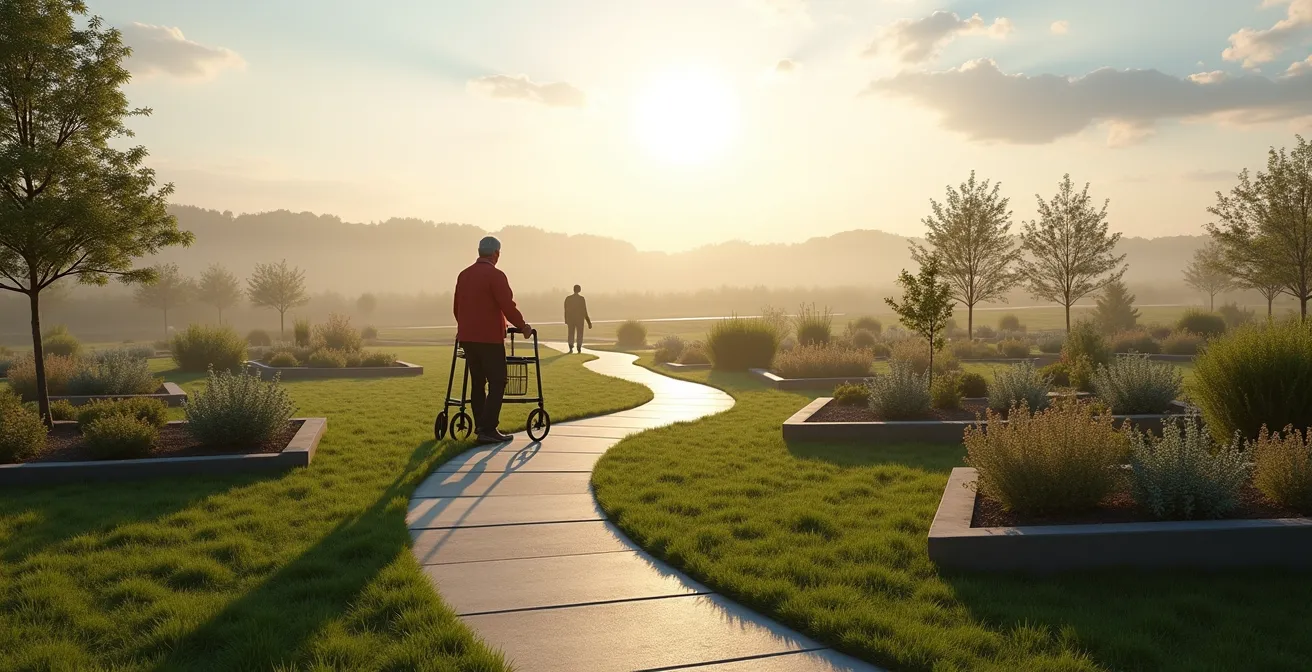 Vue aérienne d'un jardin thérapeutique avec allées accessibles et espaces de repos ombragés