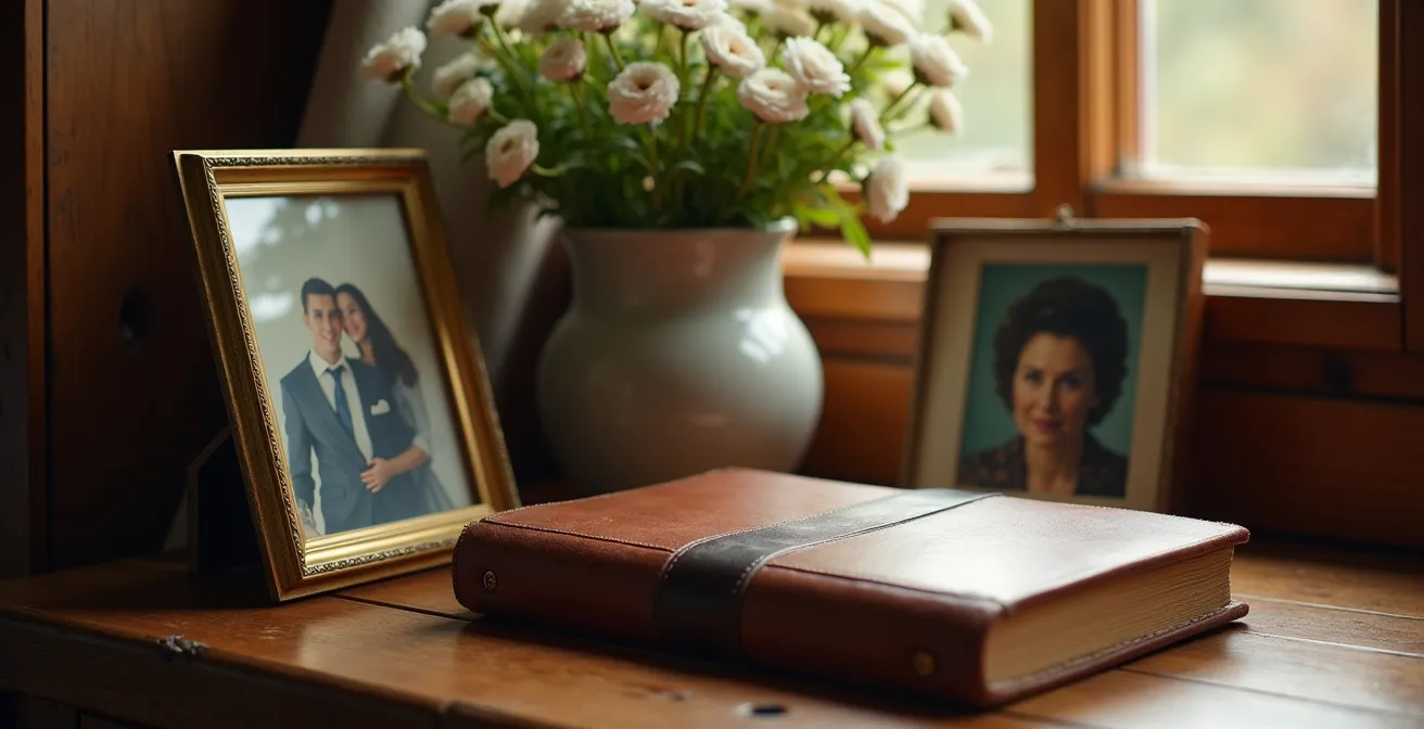 Détail d'objets personnels et photos de famille disposés avec soin dans un appartement de résidence senior