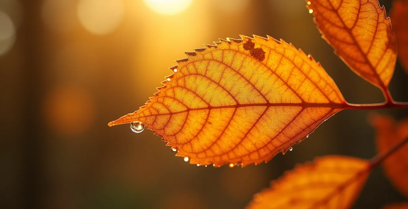 Détail de feuilles d'automne dorées en forêt de Rambouillet