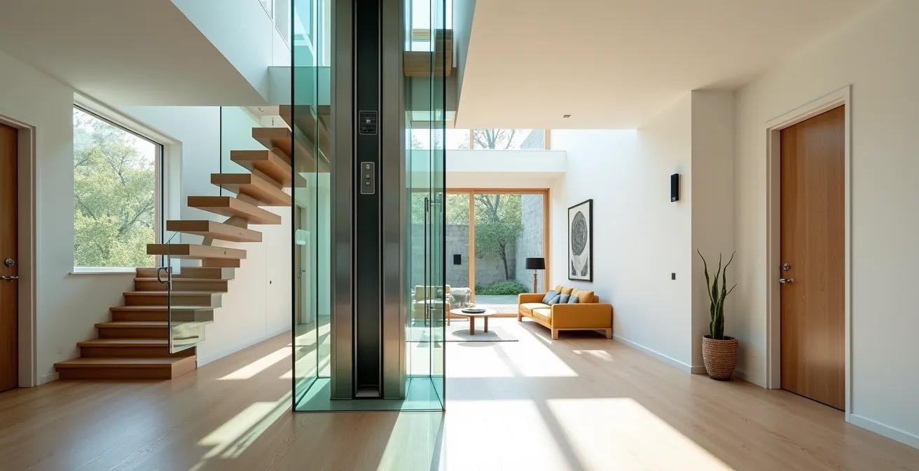 Vue d'ensemble d'un intérieur de maison avec ascenseur vitré intégré