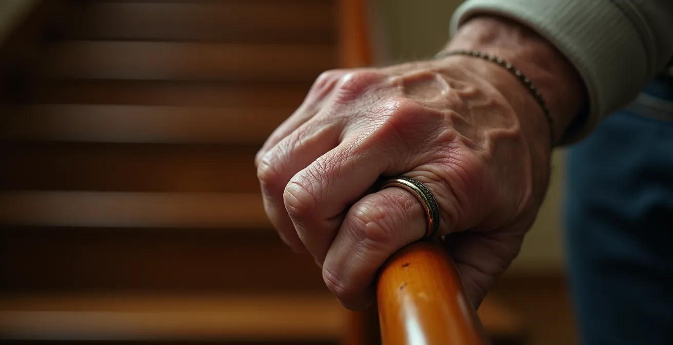 Main d'une personne âgée s'agrippant fermement à une rampe d'escalier