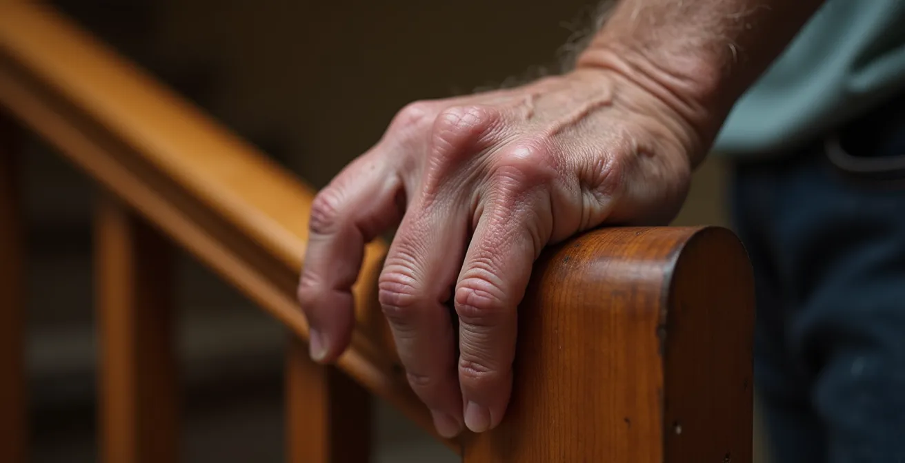 Mains ridées s'appuyant fermement sur une rampe d'escalier en bois poli