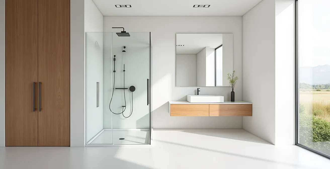 Salle de bain moderne épurée avec douche italienne et espace dégagé