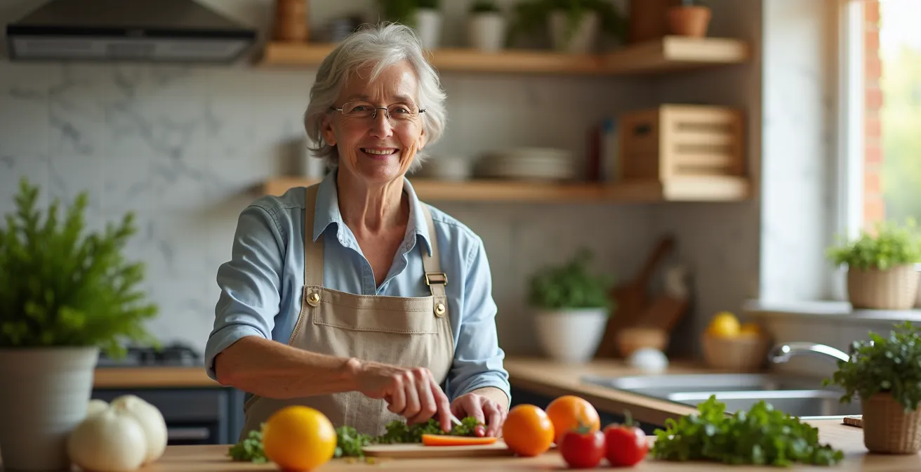 Femme senior souriante préparant un repas dans sa cuisine ergonomique