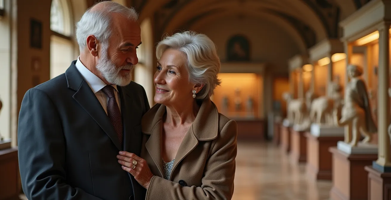 Couple de seniors visitant le musée d'archéologie dans un château historique