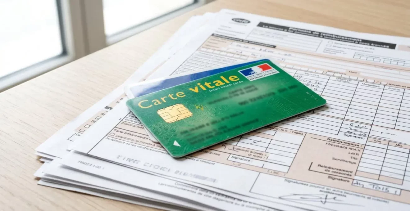 Gros plan sur une carte Vitale française posée sur des documents de remboursement de soins de santé, mise au point nette sur la carte verte, arrière-plan flouté