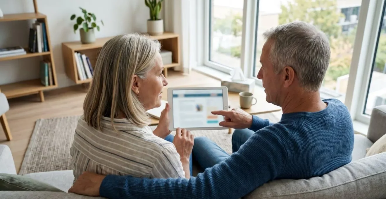 Un couple de seniors assis côte à côte sur un canapé moderne consulte ensemble des documents sur une tablette dans un salon lumineux