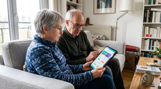 Un couple de seniors assis côte à côte sur un canapé moderne consulte ensemble des documents sur une tablette dans un salon lumineux