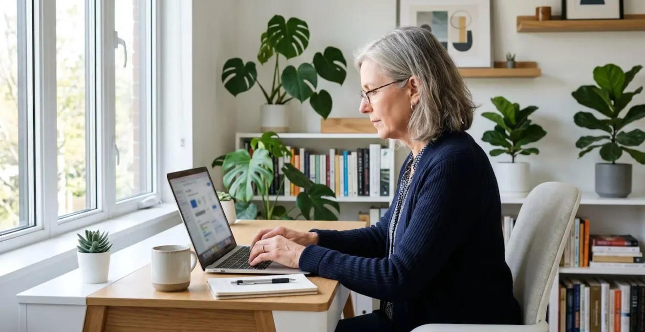 Senior de profil concentré à son bureau domicile utilisant un ordinateur portable dans un espace de travail moderne et lumineux