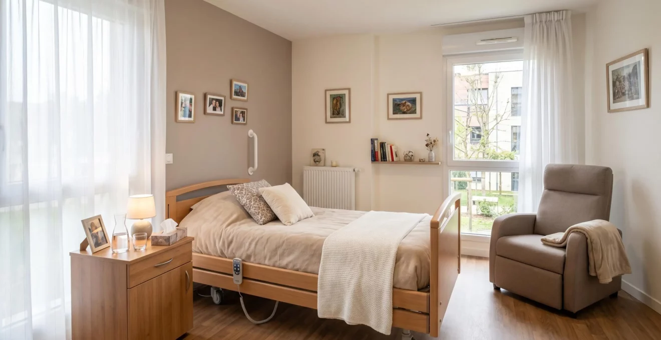 Chambre EHPAD individuelle médicalisée avec lit électrique en bois clair, fauteuil relax taupe, grande fenêtre lumineuse et décoration personnalisée apaisante