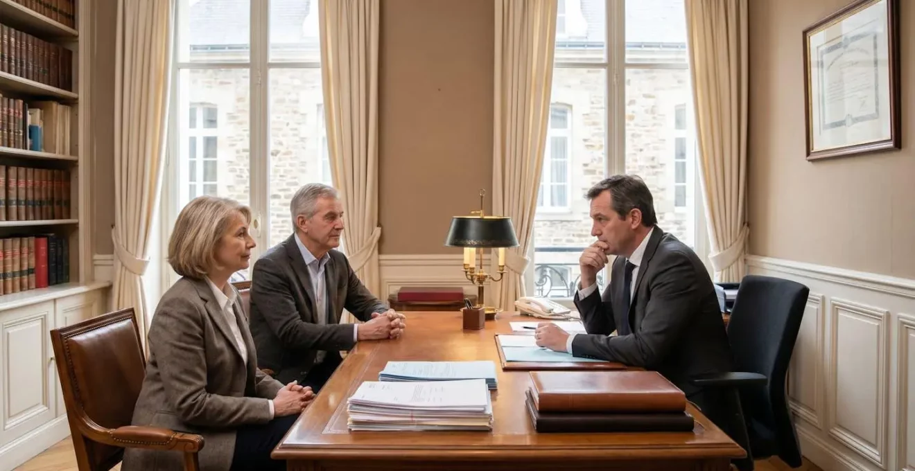 Couple de seniors en rendez-vous avec un notaire pour la cession d'un bien LMNP en résidence de services