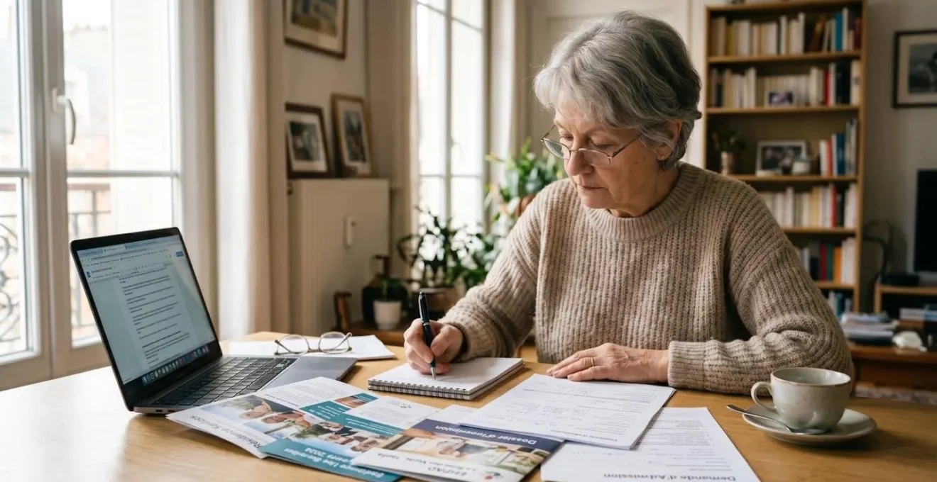 Femme senior de 72 ans assise à une table lumineuse, consultant des brochures de résidences services et documents EHPAD, prenant des notes avec un ordinateur portable ouvert à côté d'elle