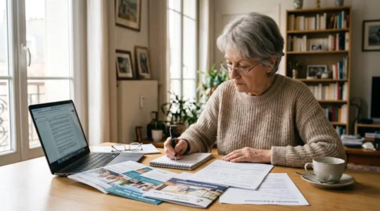Femme senior de 72 ans assise à une table lumineuse, consultant des brochures de résidences services et documents EHPAD, prenant des notes avec un ordinateur portable ouvert à côté d'elle