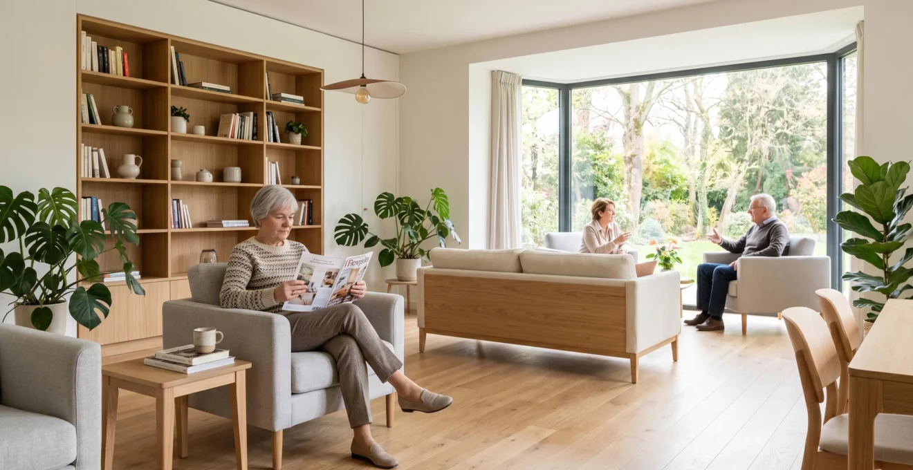 Salon lumineux de résidence services seniors avec mobilier contemporain, résidente lisant dans un fauteuil gris au premier plan, baie vitrée donnant sur jardin arboré