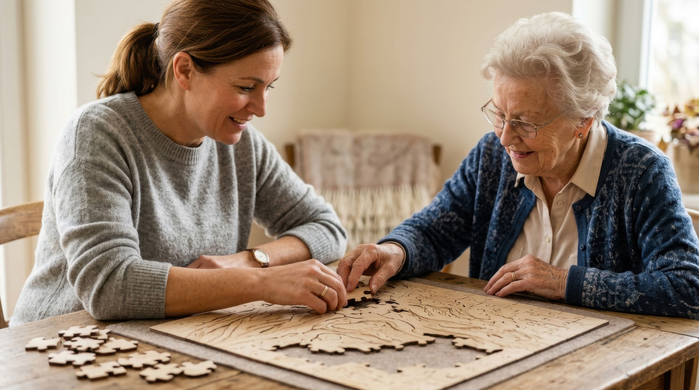 Groupe de résidents seniors participant à un atelier de stimulation cognitive autour d'une table avec matériel Montessori adapté et animatrice