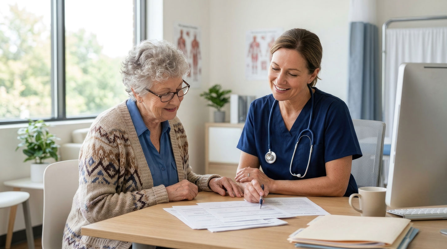 Infirmière consultant une tablette avec une résidente senior dans un cabinet médical moderne de résidence senior, équipement de télémédecine visible