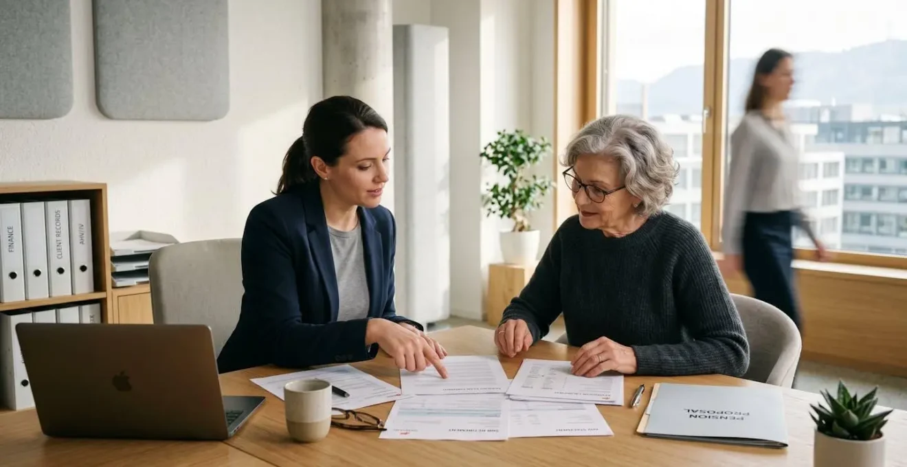 Bureau d'expert retraite avec consultant et client senior examinant des documents de pension dans un environnement professionnel serein
