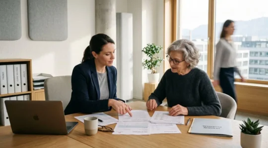 Bureau d'expert retraite avec consultant et client senior examinant des documents de pension dans un environnement professionnel serein