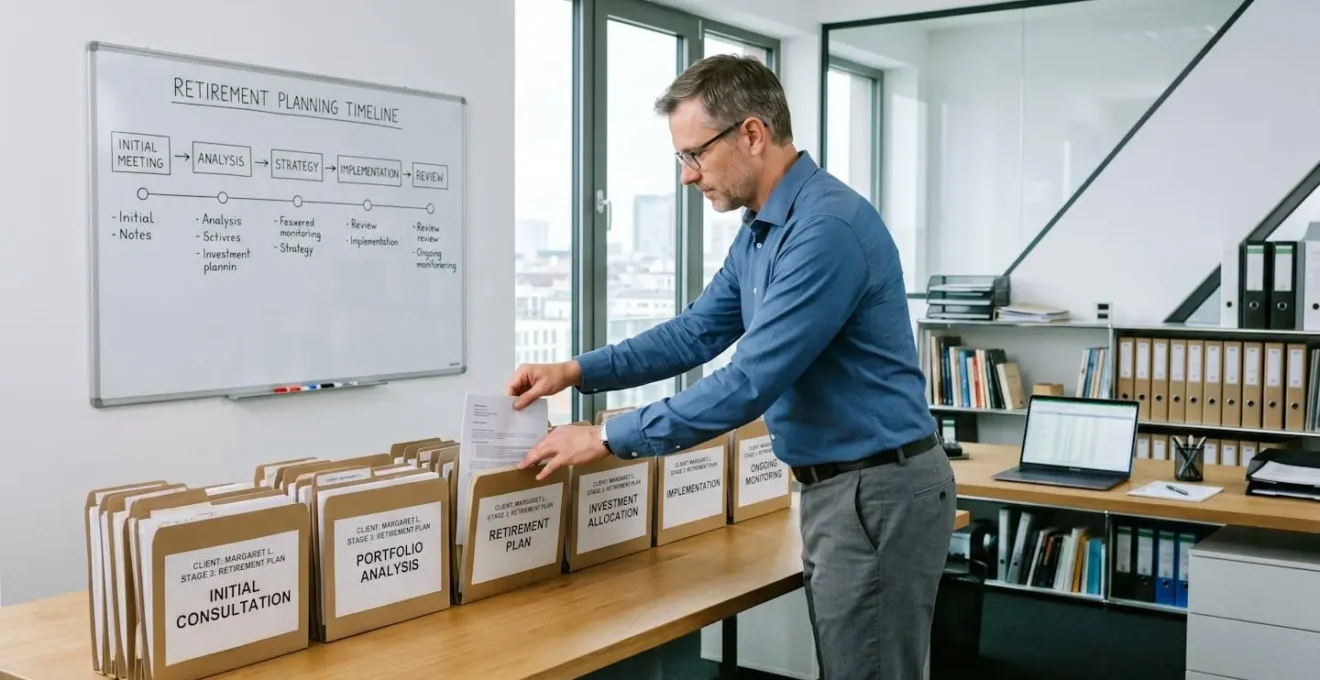 Consultant retraite organisant méthodiquement des dossiers clients par étapes avec classeurs étiquetés et timeline de processus