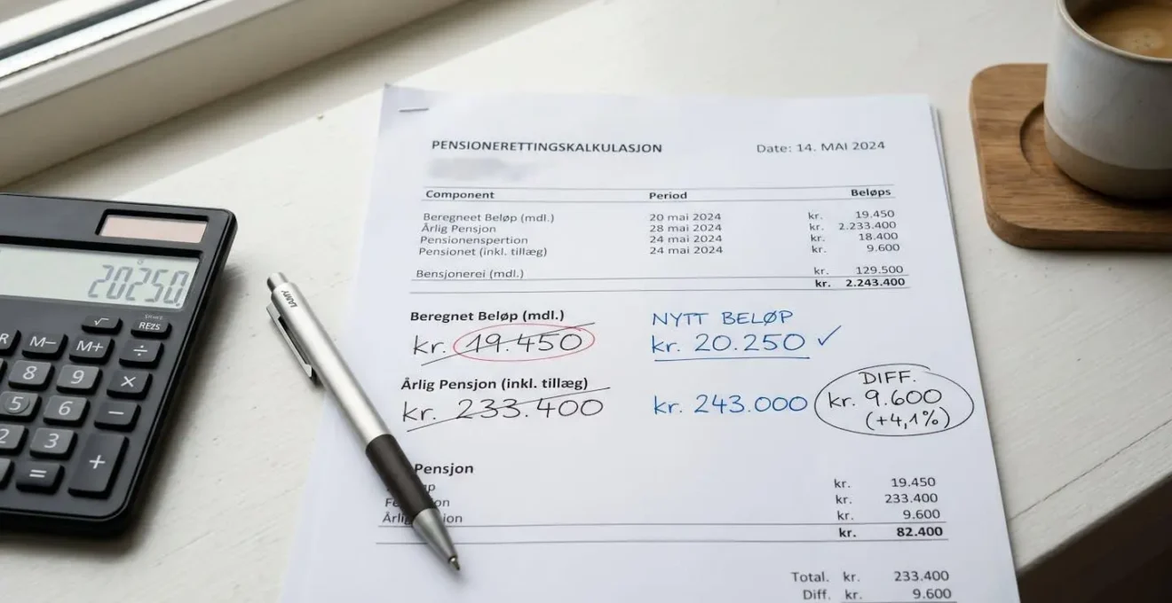 Feuille de calcul de pension avec corrections manuscrites montrant l'écart financier entre montant erroné et montant corrigé