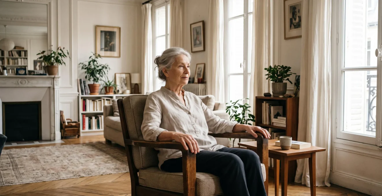 Une senior s'appuie sur les accoudoirs d'un fauteuil ergonomique pour se lever dans son salon.