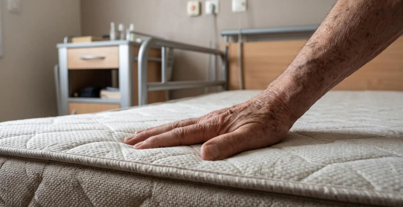 Une main senior teste la fermeté du matelas d'un lit médicalisé dans une chambre.