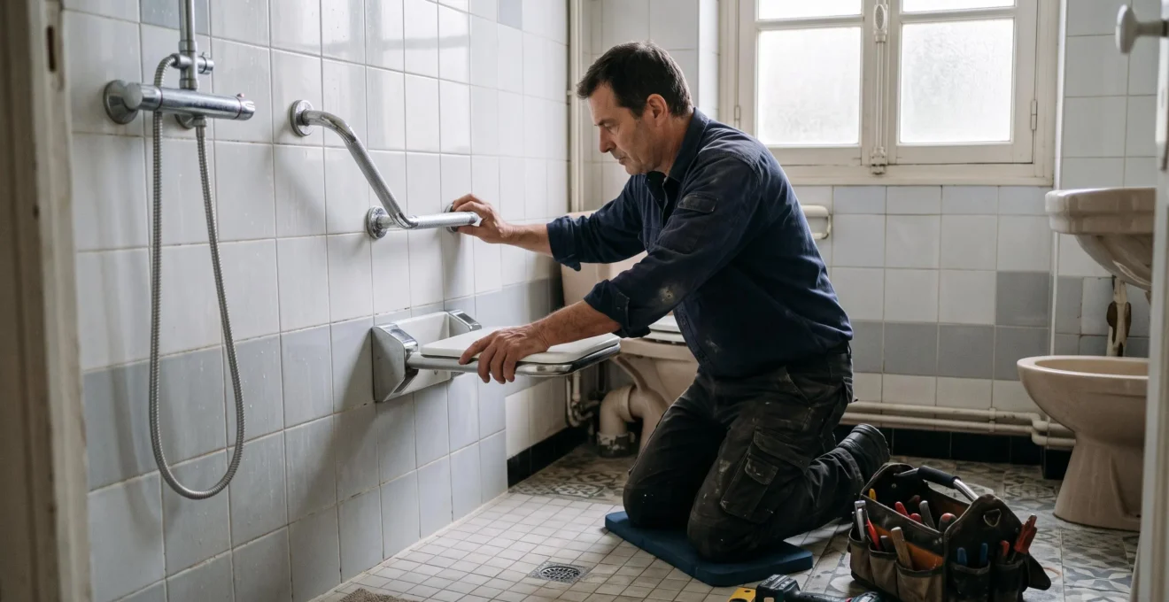 Un installateur vérifie un siège de douche rabattable et une barre d'appui dans une salle de bain.
